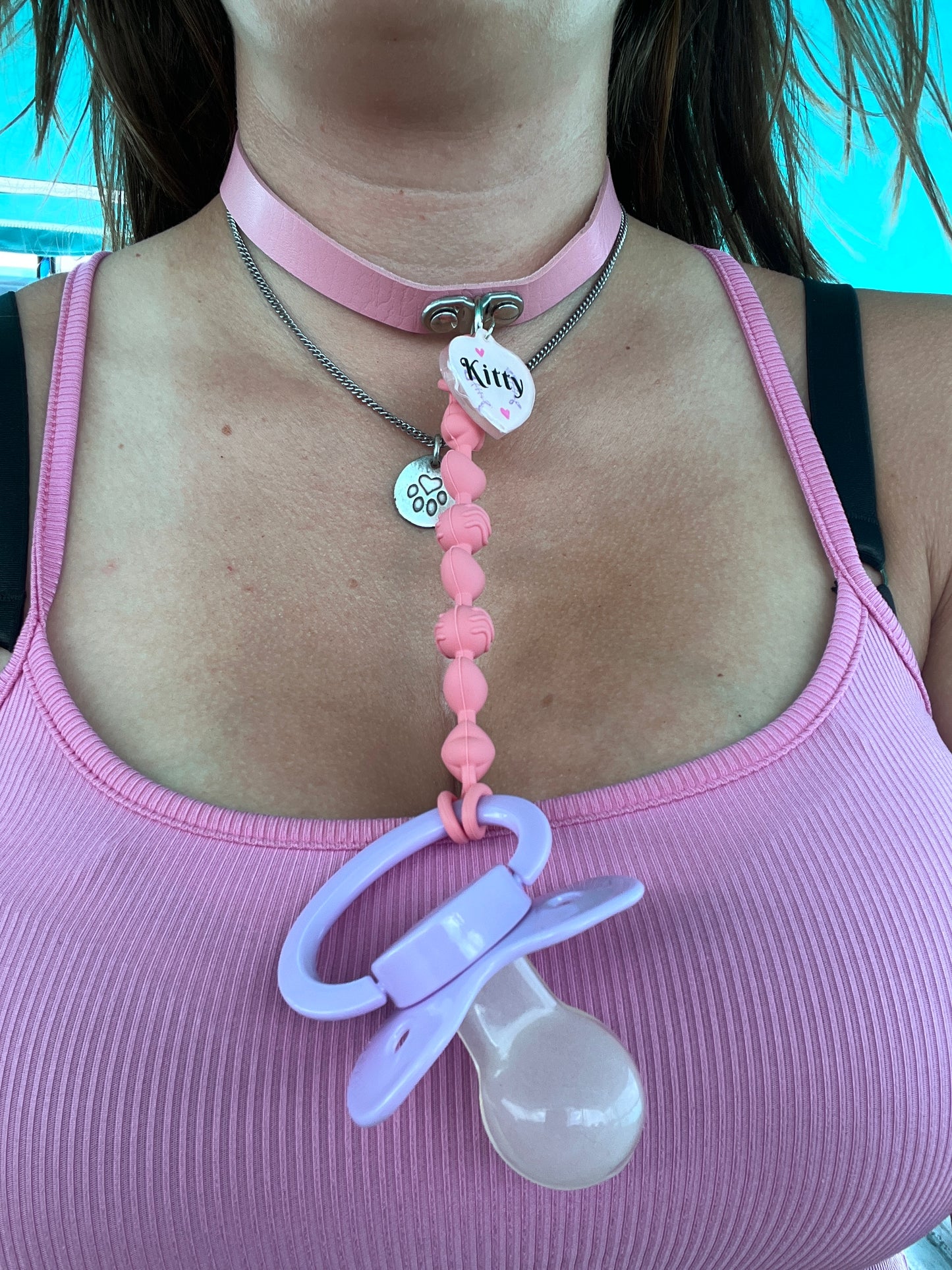 ABDL Adult Pacifier Choker – Pink Chewable Strap Collar - Kitty Tag
