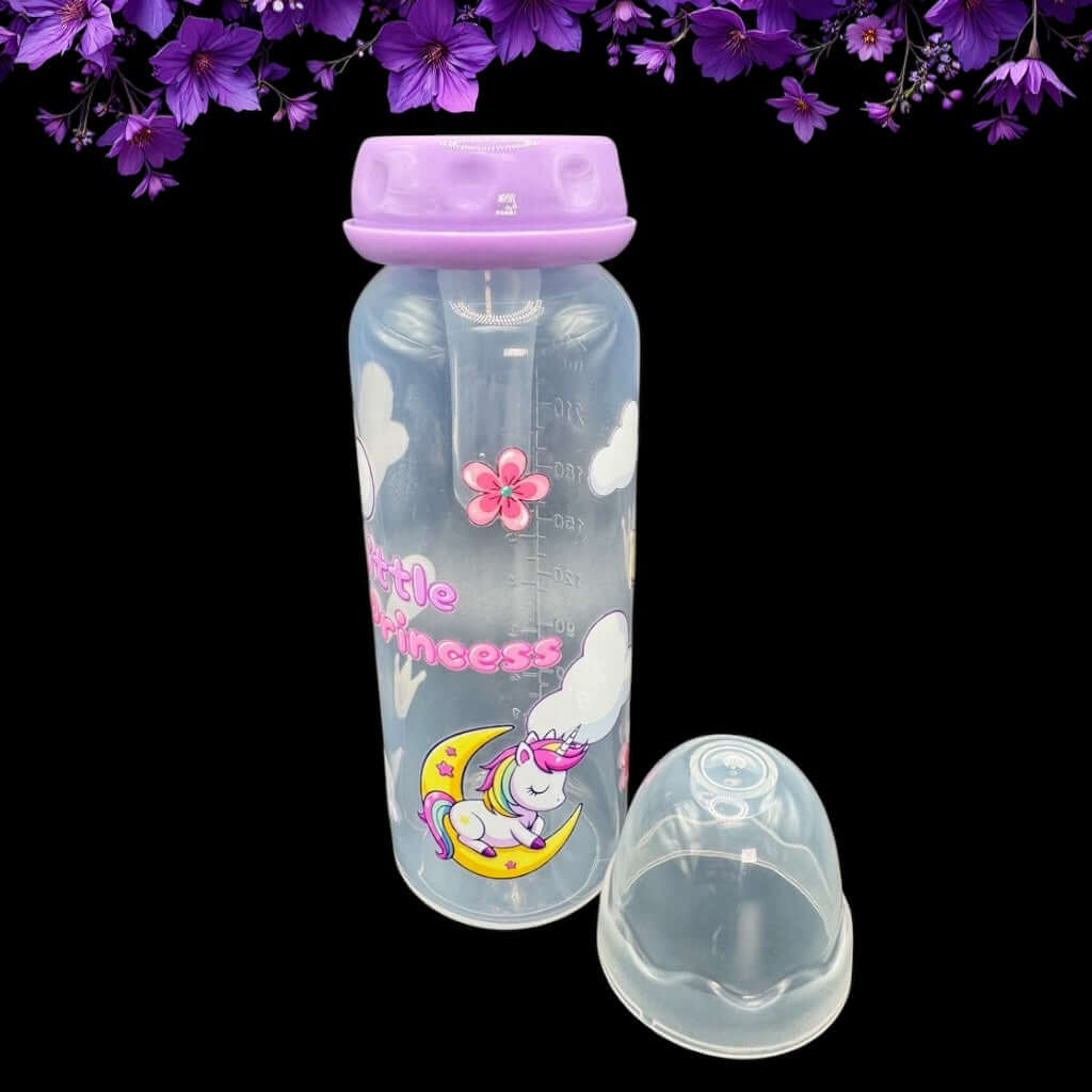 Angled shot of adult baby bottle with fantasy-themed design and removable cap