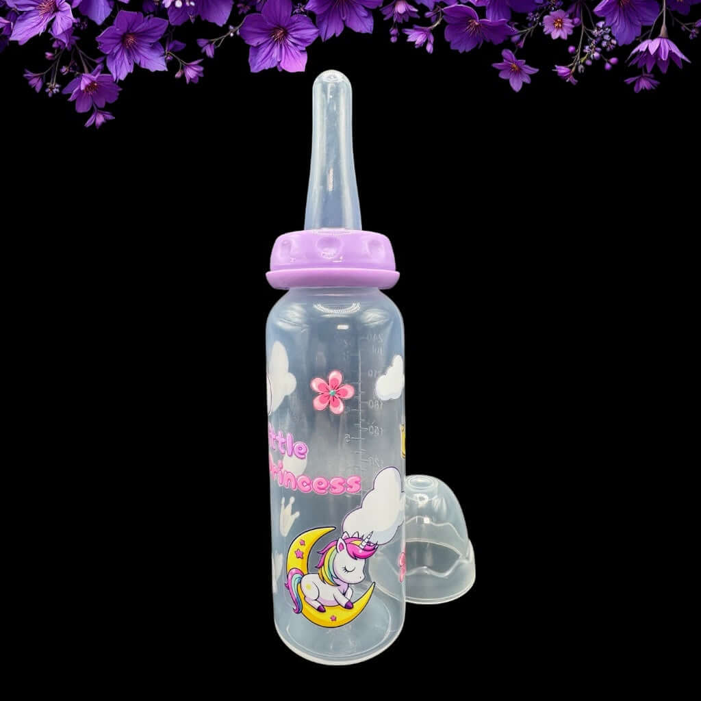 Front view of adult baby bottle with long nipple and cute sleeping unicorn graphic
