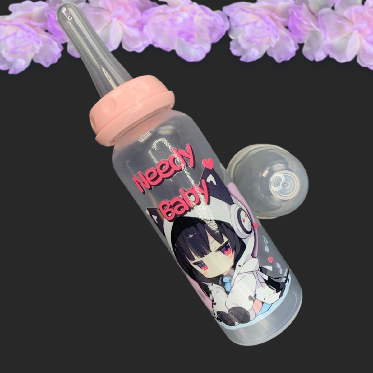 adult baby bottle with kawaii cat girl listening to music with the text needy baby above her head