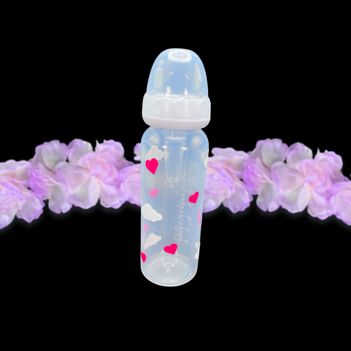 adult baby bottle 8oz with white clouds and pink hearts around the entire bottle.