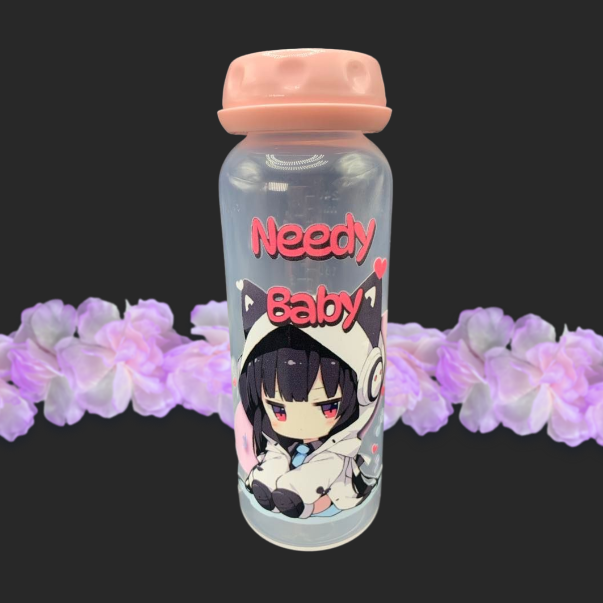 adult baby bottle with kawaii cat girl listening to music with the text needy baby above her head