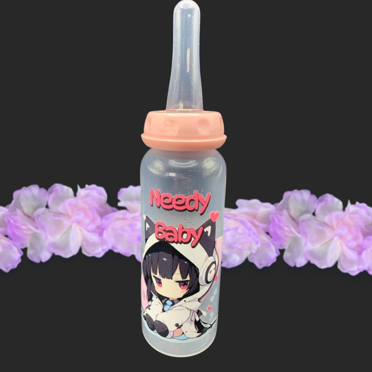 adult baby bottle with kawaii cat girl listening to music with the text needy baby above her head