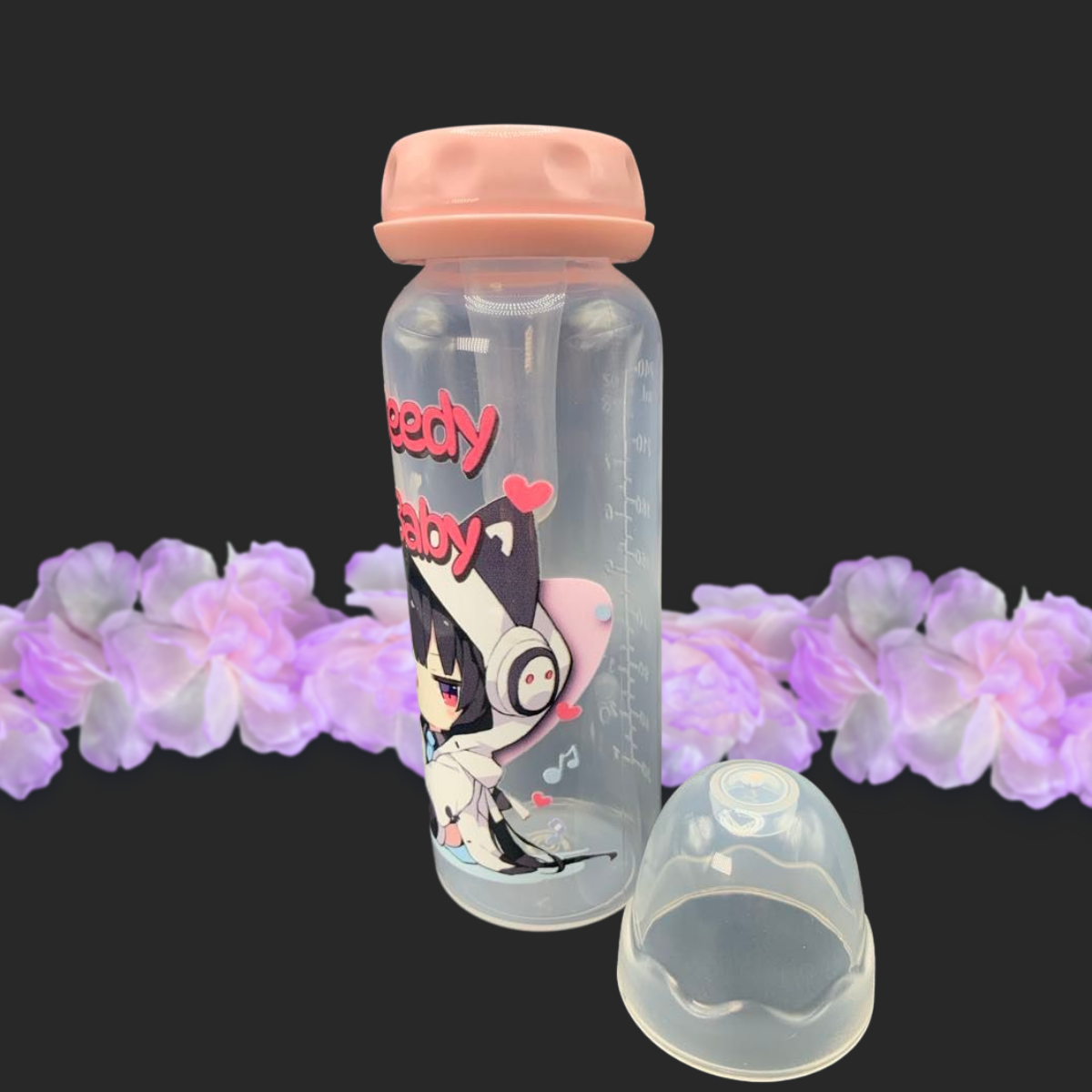 adult baby bottle with kawaii cat girl listening to music with the text needy baby above her head