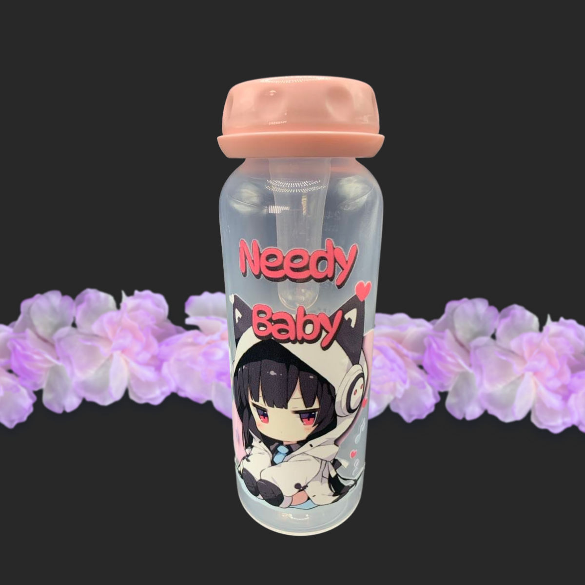 adult baby bottle with kawaii cat girl listening to music with the text needy baby above her head