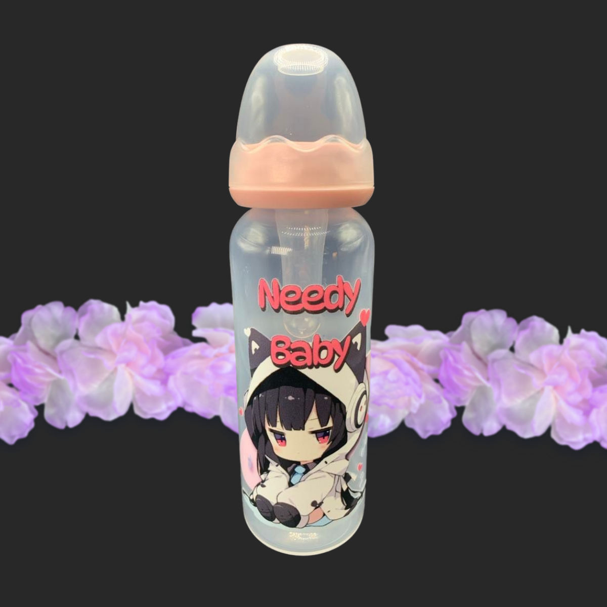 adult baby bottle with kawaii cat girl listening to music with the text needy baby above her head