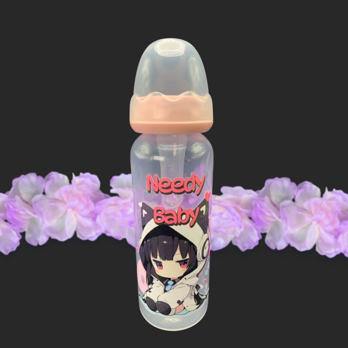 adult baby bottle with kawaii cat girl listening to music with the text needy baby above her head