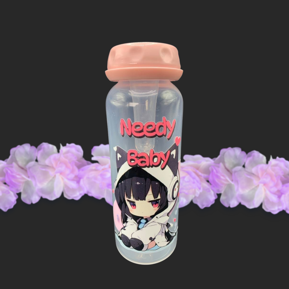 adult baby bottle with kawaii cat girl listening to music with the text needy baby above her head