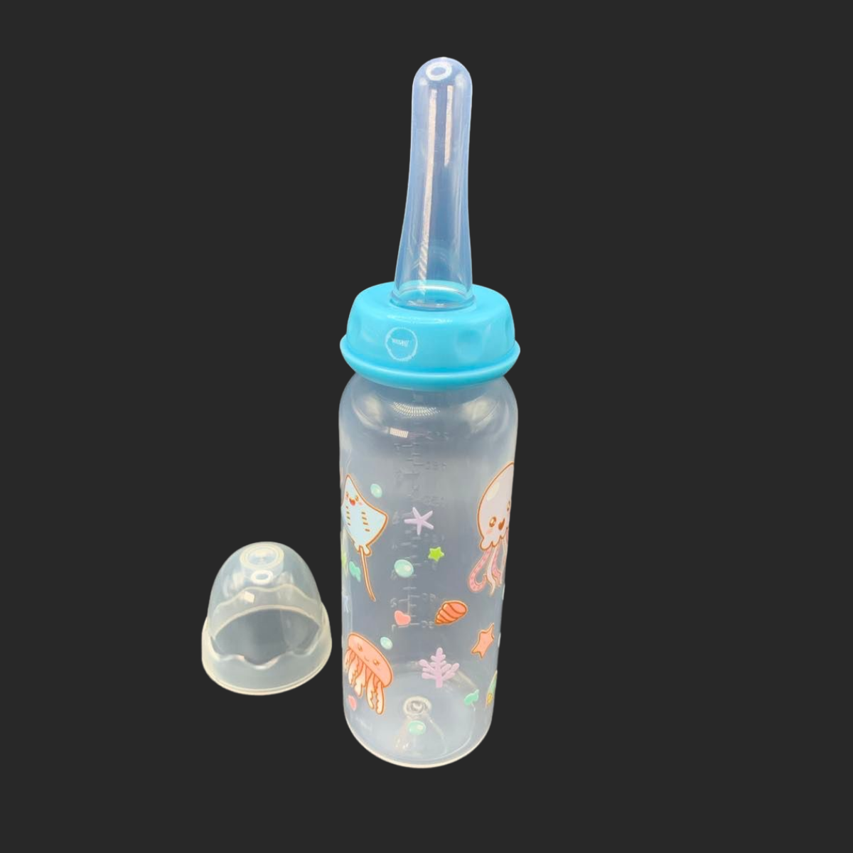 adult baby bottle with ocean themed characters such as a stingray, octopus and jellyfish