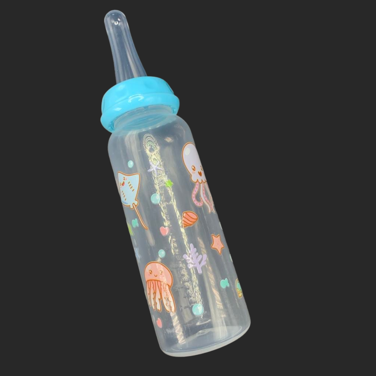adult baby bottle with ocean themed characters such as a stingray, octopus and jellyfish