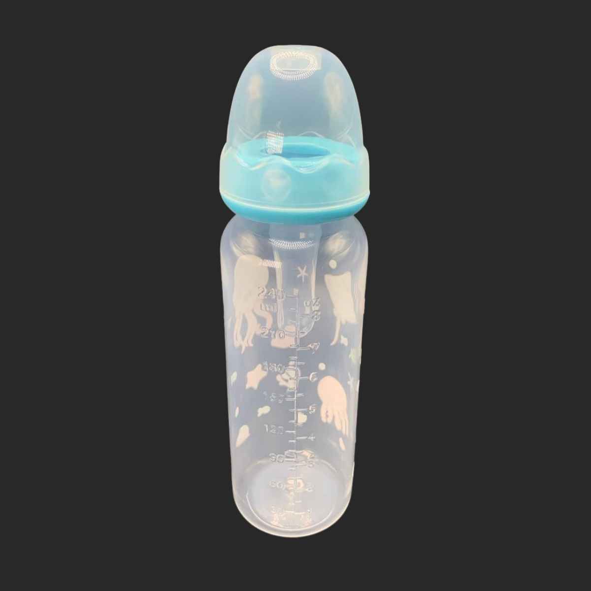 adult baby bottle with ocean themed characters such as a stingray, octopus and jellyfish