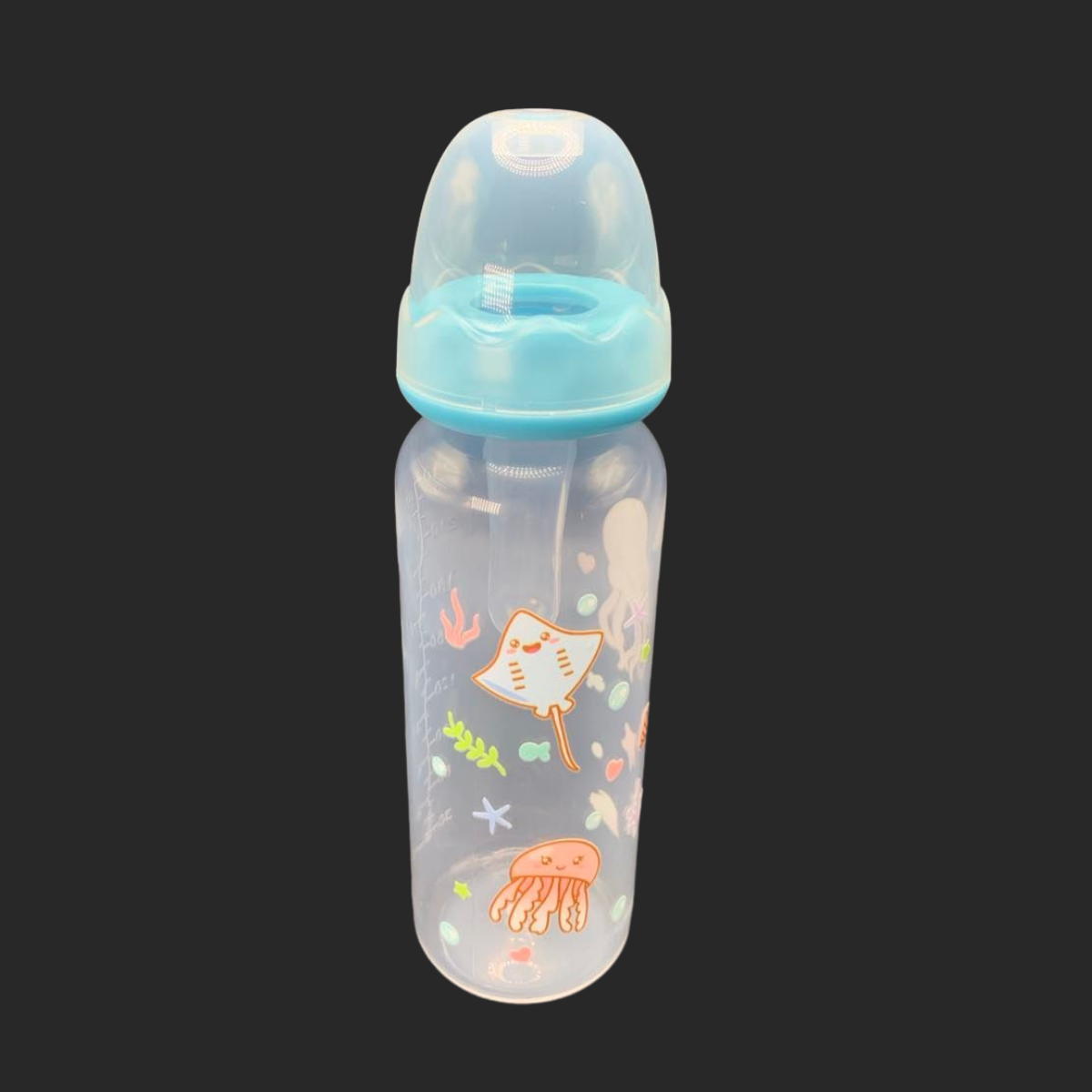 adult baby bottle with ocean themed characters such as a stingray, octopus and jellyfish