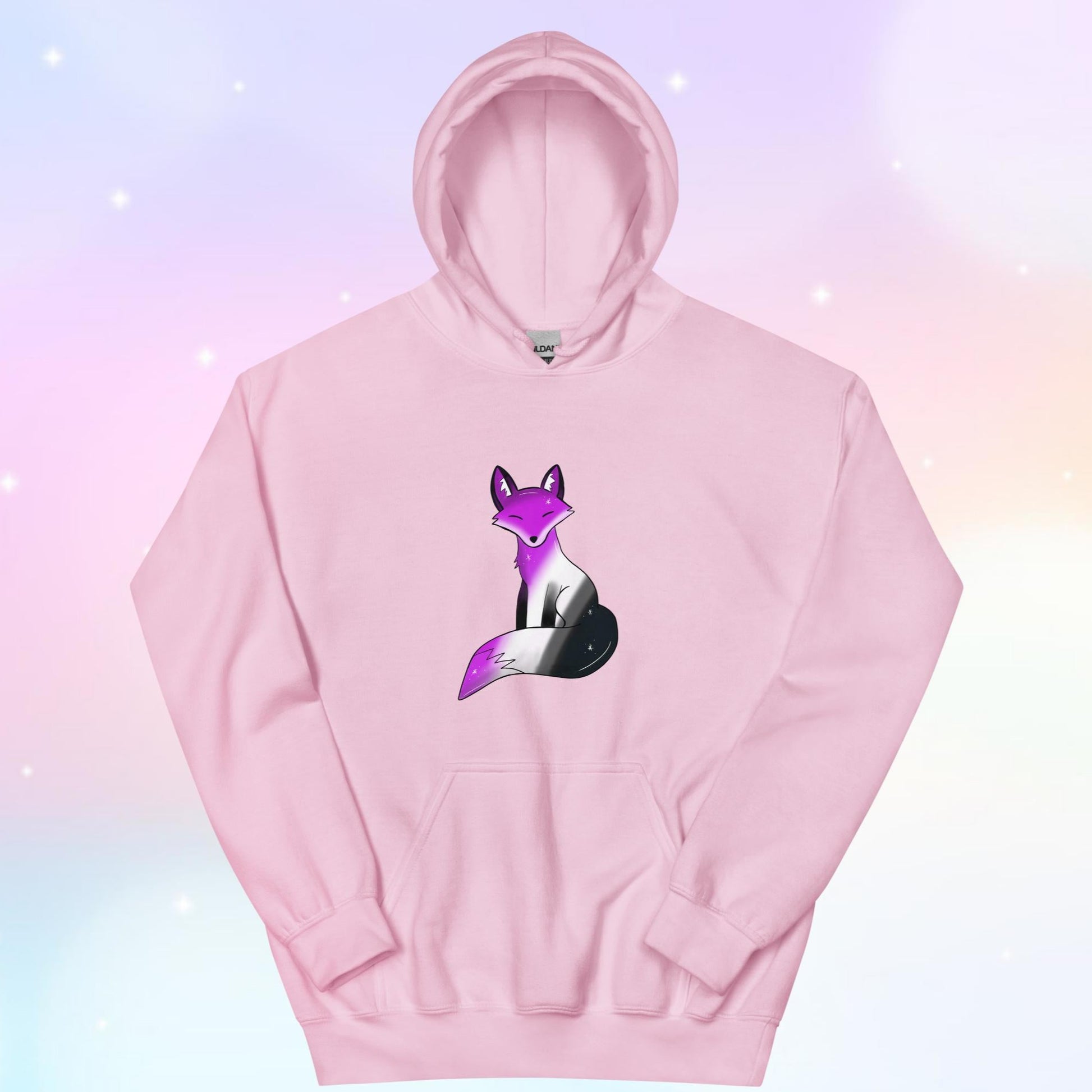 A cozy hoodie featuring a stylized fox design in asexual pride flag colors—black, gray, white, and purple—celebrating ace pride with a cute and subtle aesthetic.