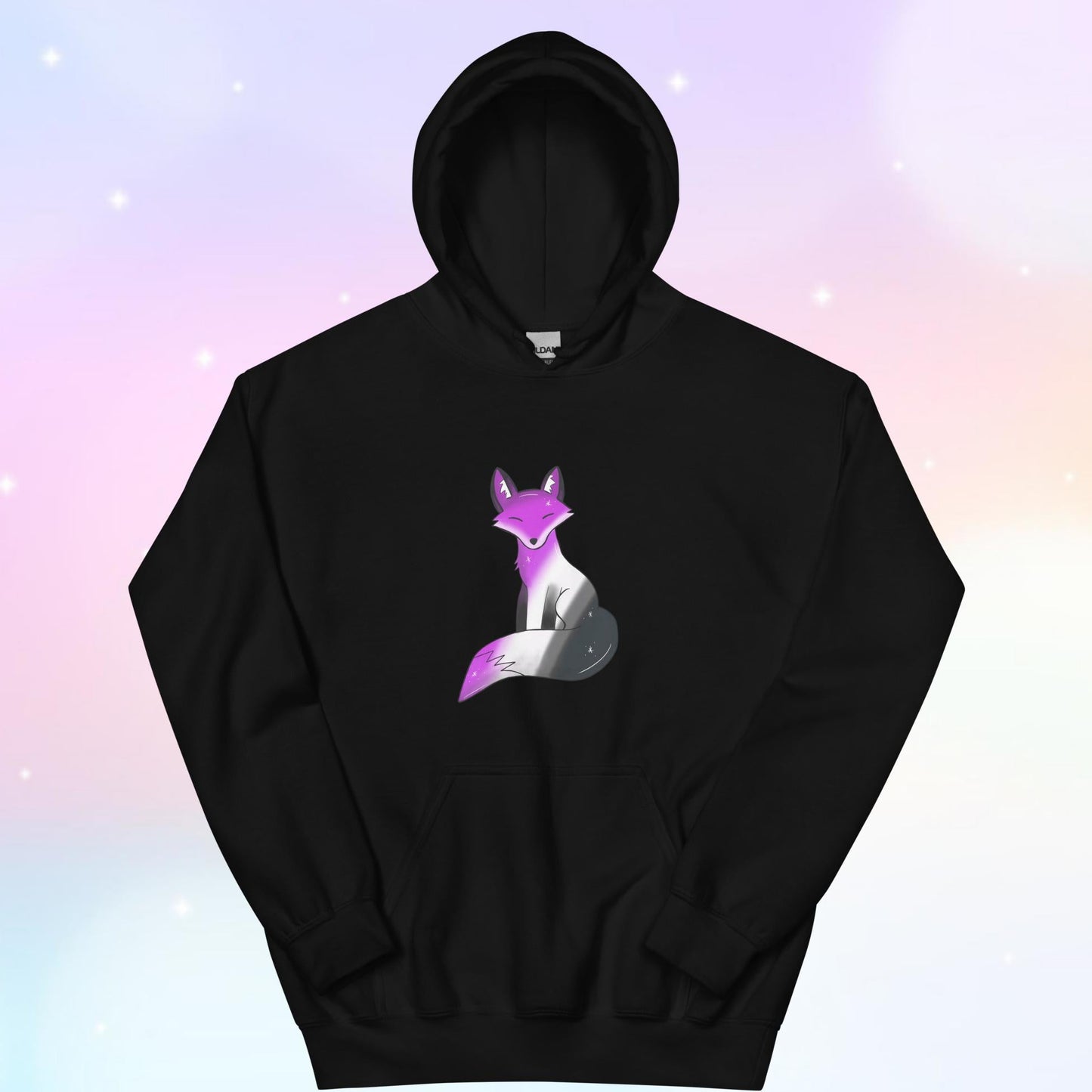 A cozy hoodie featuring a stylized fox design in asexual pride flag colors—black, gray, white, and purple—celebrating ace pride with a cute and subtle aesthetic.