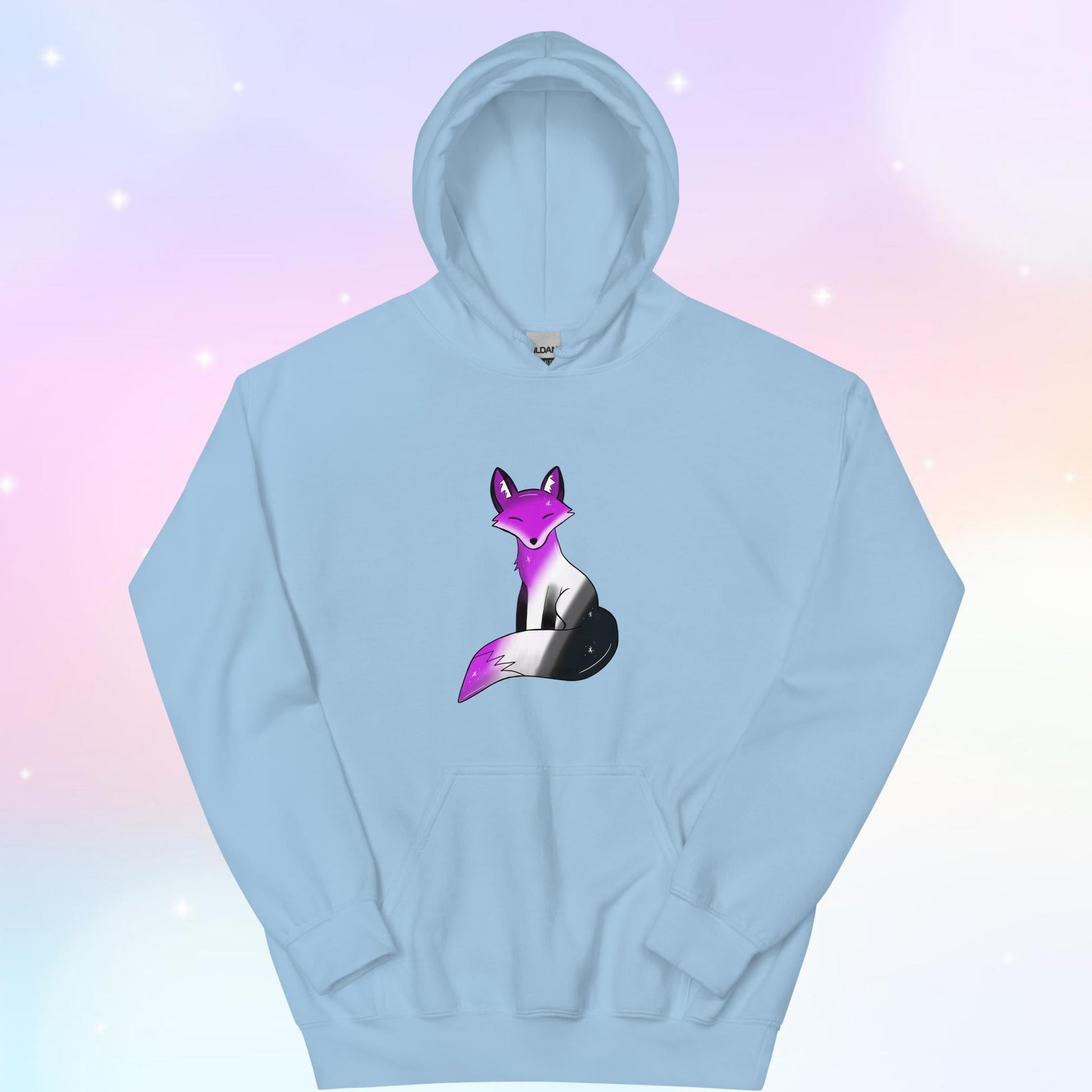 A cozy hoodie featuring a stylized fox design in asexual pride flag colors—black, gray, white, and purple—celebrating ace pride with a cute and subtle aesthetic.