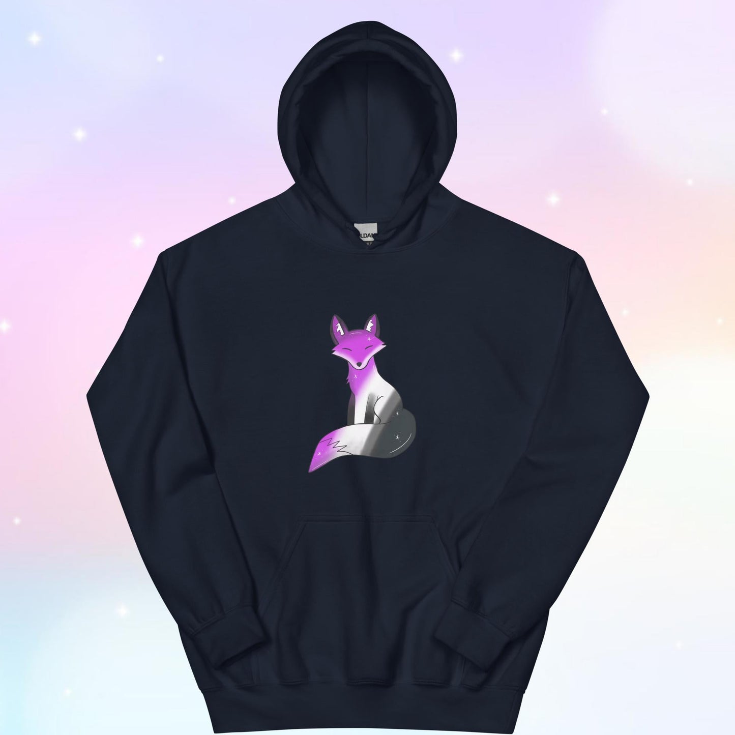 A cozy hoodie featuring a stylized fox design in asexual pride flag colors—black, gray, white, and purple—celebrating ace pride with a cute and subtle aesthetic.