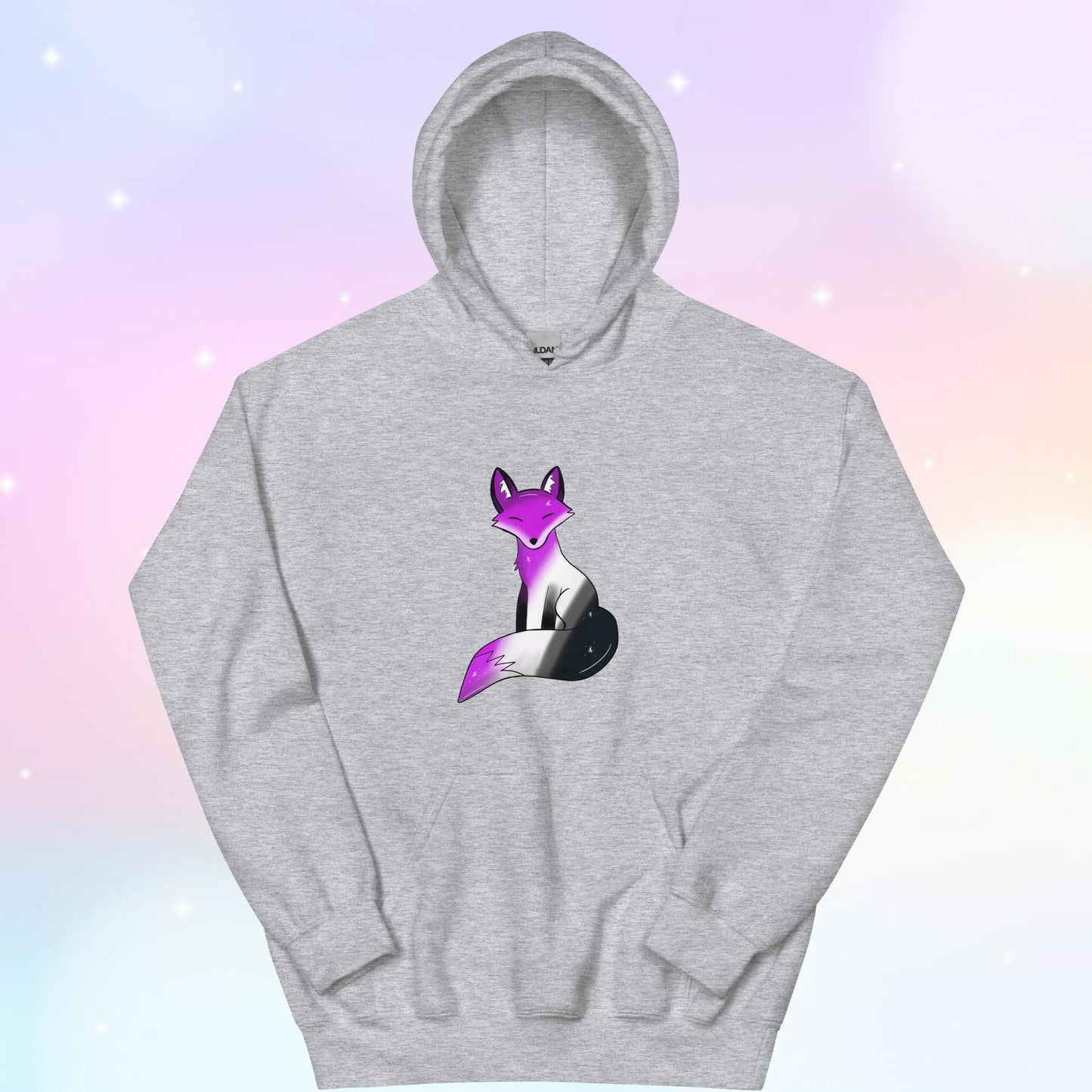A cozy hoodie featuring a stylized fox design in asexual pride flag colors—black, gray, white, and purple—celebrating ace pride with a cute and subtle aesthetic.