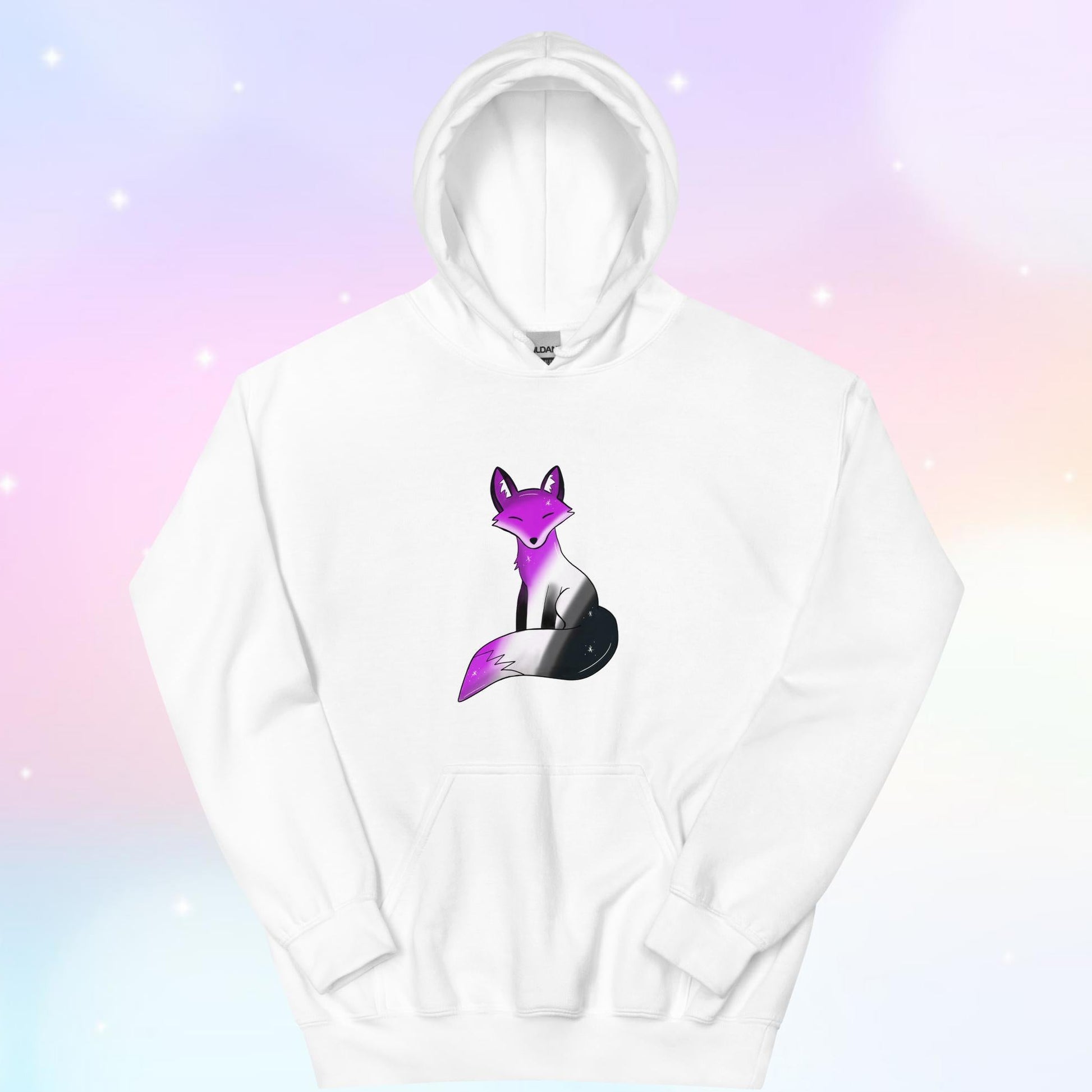 A cozy hoodie featuring a stylized fox design in asexual pride flag colors—black, gray, white, and purple—celebrating ace pride with a cute and subtle aesthetic.