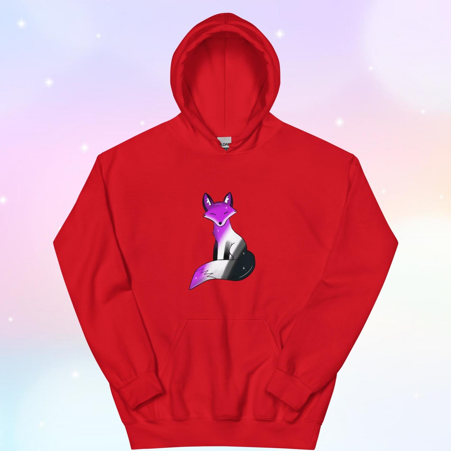 A cozy hoodie featuring a stylized fox design in asexual pride flag colors—black, gray, white, and purple—celebrating ace pride with a cute and subtle aesthetic.