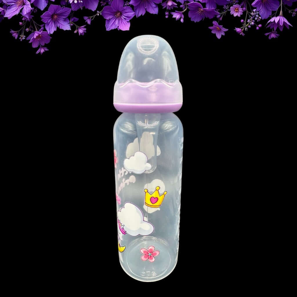 Side angle of ABDL baby bottle with unicorn, clouds, flowers, and crowns
