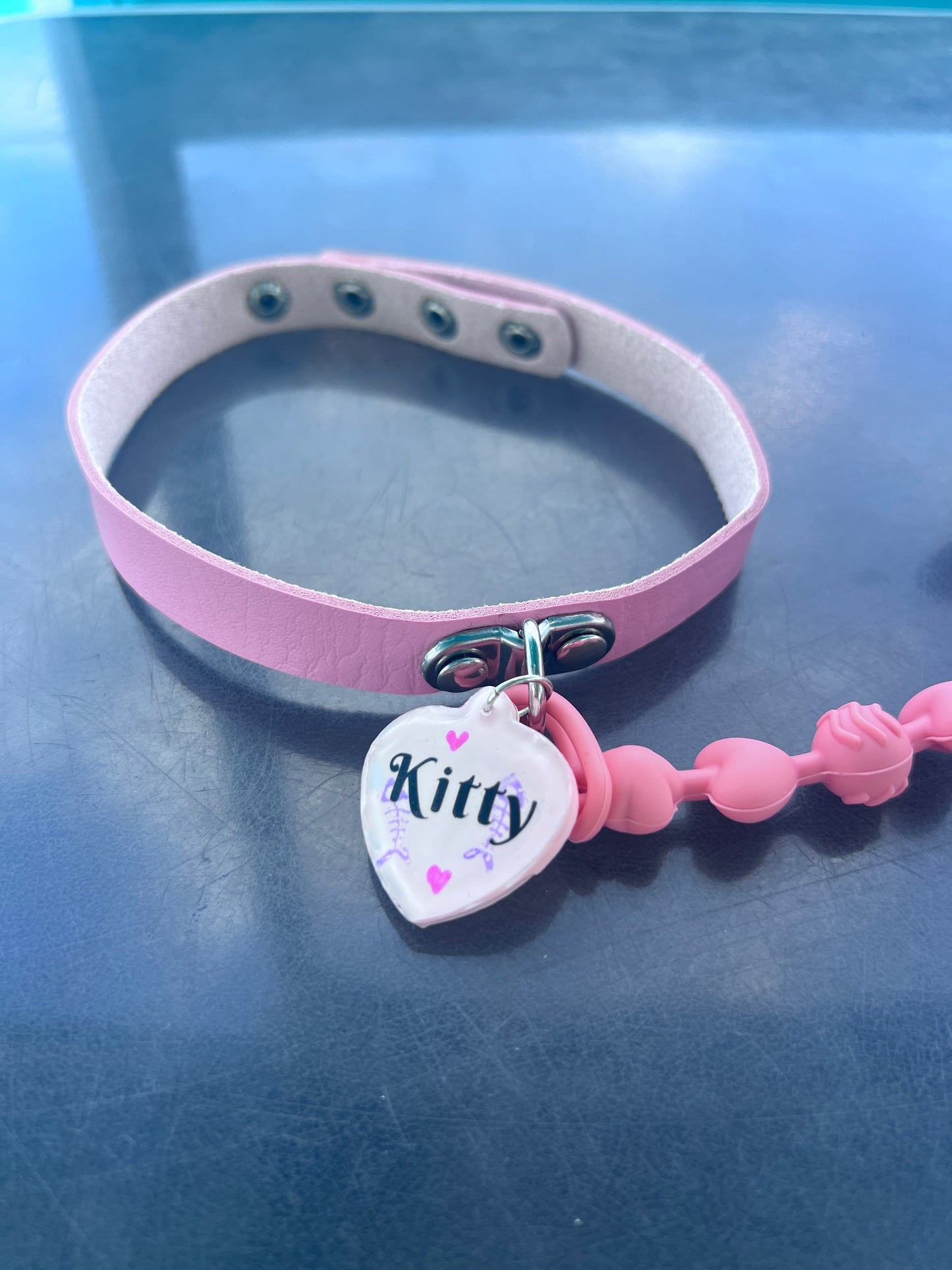 ABDL Adult Pacifier Choker – Pink Chewable Strap Collar - Kitty Tag