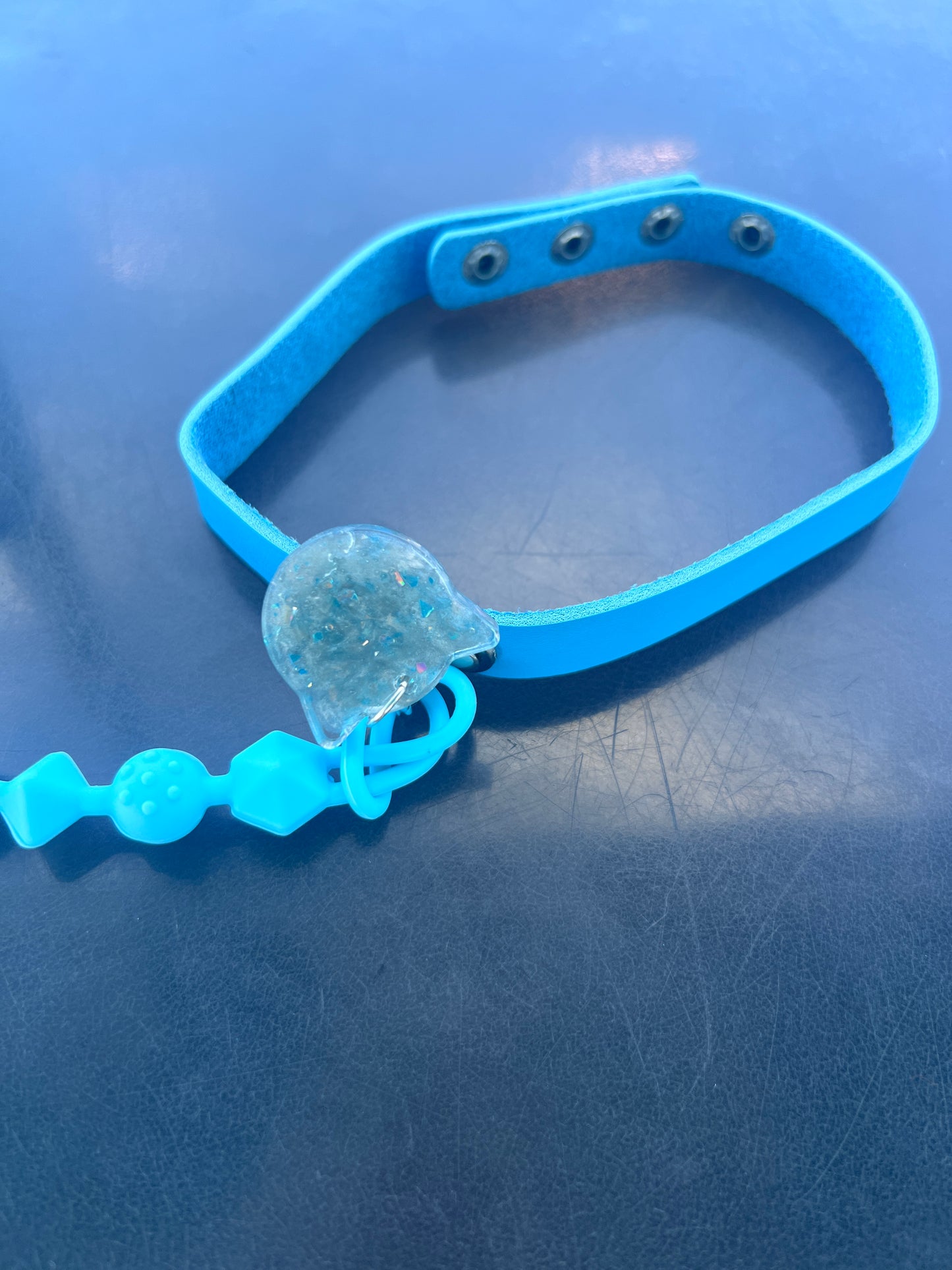 Back view of resin collar tag for pet play and age play pacifier choker
