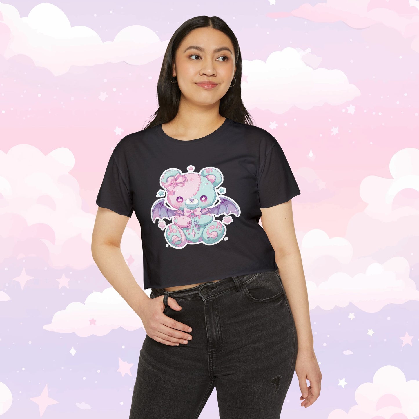 Kawaii pastel punk crop top featuring a cute yet edgy bear with bat wings design with soft pastel tones and punk-inspired details, perfect for little space and alternative fashion.