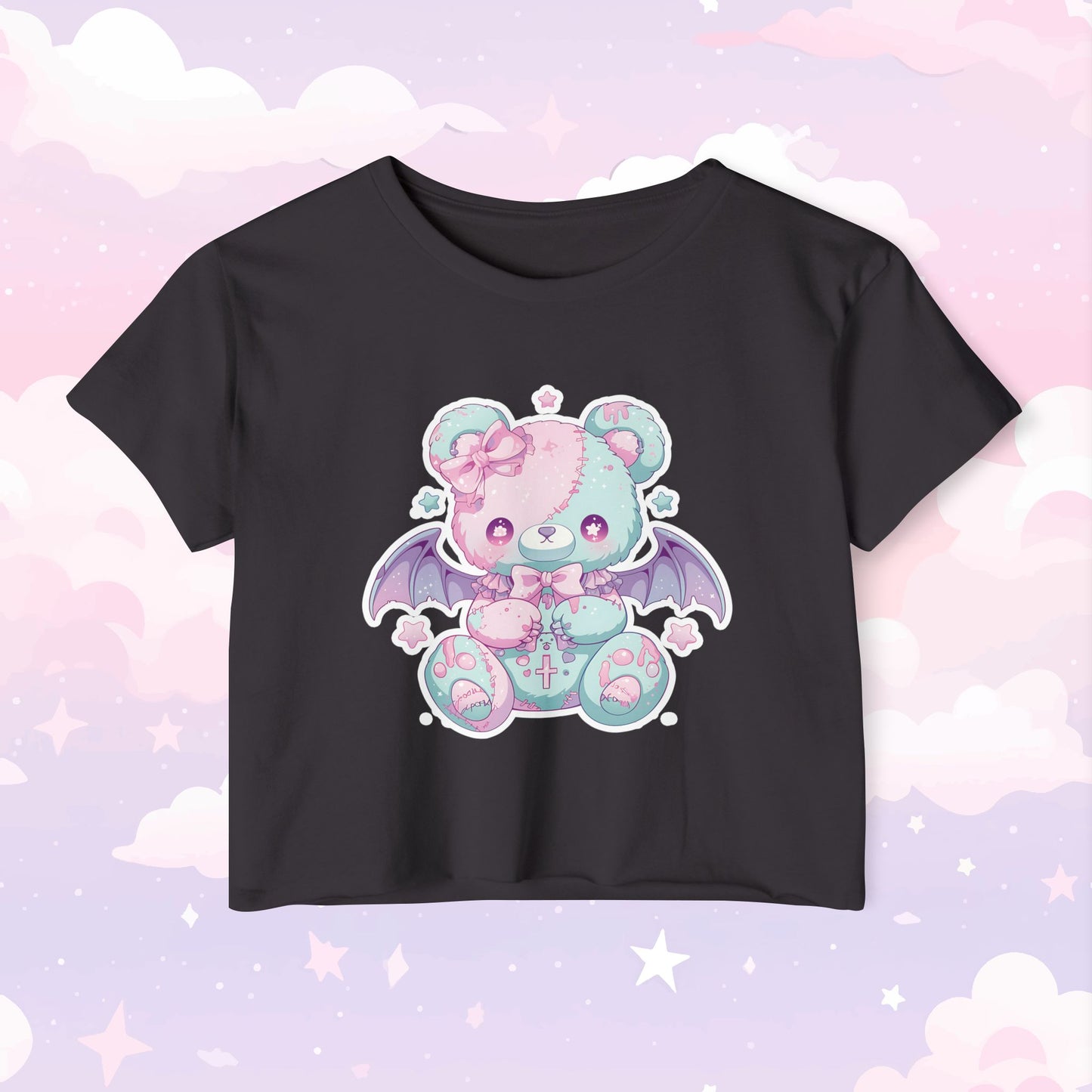 Kawaii pastel punk crop top featuring a cute yet edgy bear with bat wings design with soft pastel tones and punk-inspired details, perfect for little space and alternative fashion.