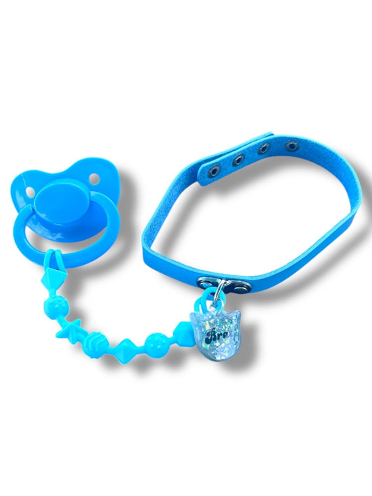 Adult baby pacifier necklace with chewable silicone strand and resin brat tag