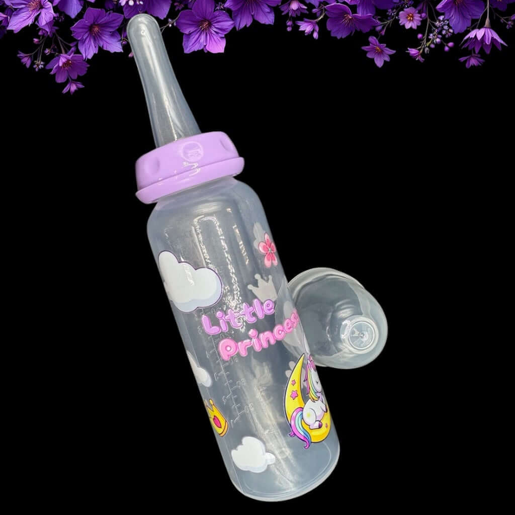 ABDL bottle featuring unicorn, floral, and cloud motifs in pink and lavender tones
