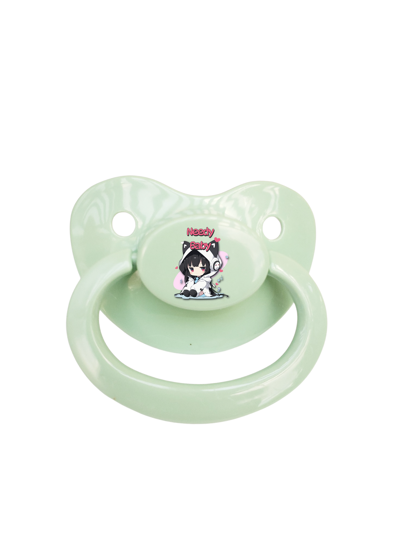 Adult pacifier featuring a cute cat girl wearing headphones and listening to music, with bold red text saying 'Needy Baby' on the center button.