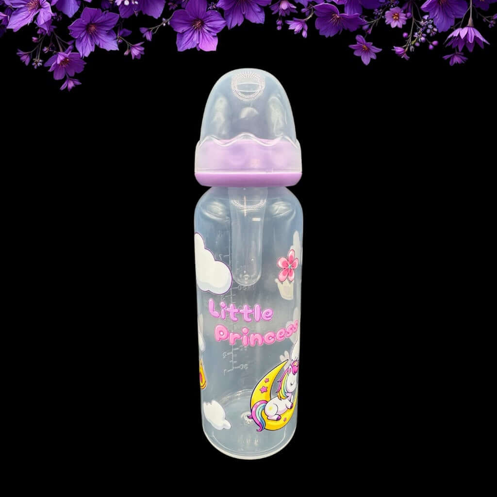 Adult baby bottle with long nipple and unicorn sleeping on moon design, cap on