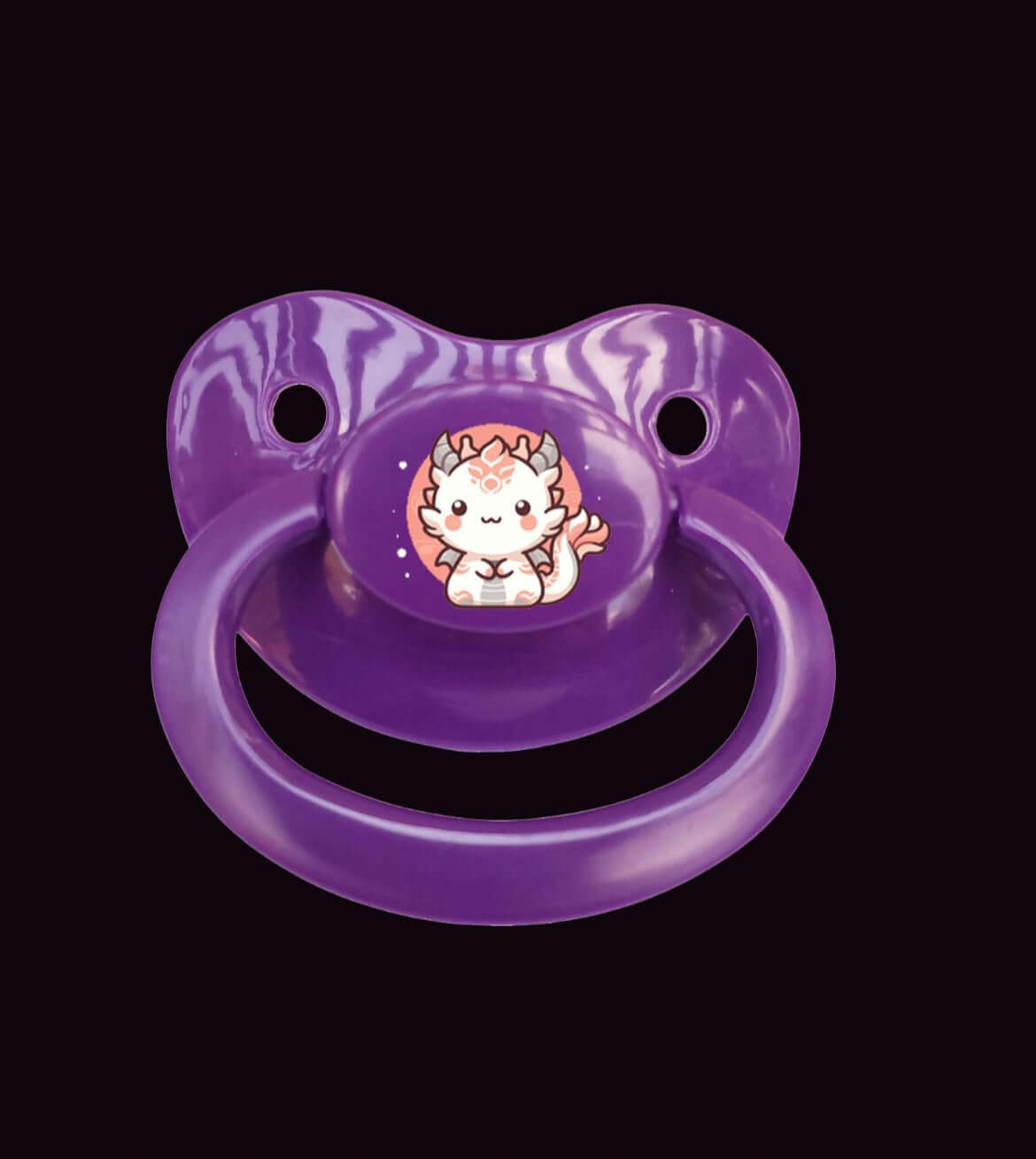 Adult pacifier featuring a Japanese-style dragon in white and red on the center button, combining traditional art with a bold and mystical design.