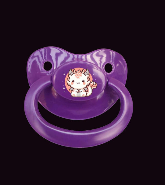 Adult pacifier featuring a Japanese-style dragon in white and red on the center button, combining traditional art with a bold and mystical design.
