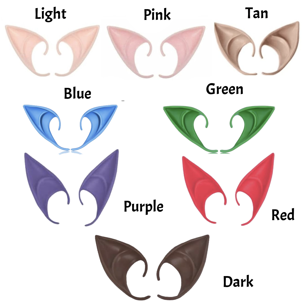 Set of colorful elf ears with labels for different colors on a white background
