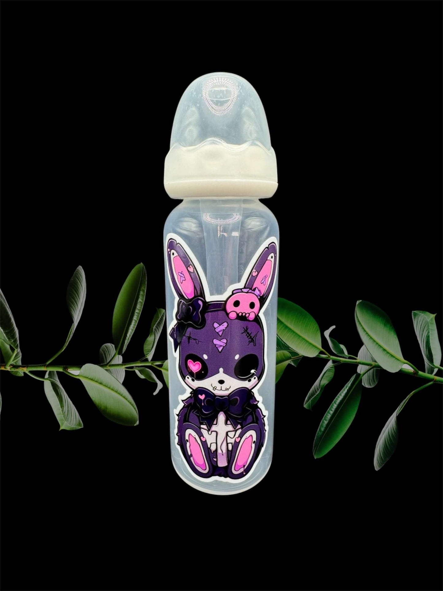 Adult baby bottle featuring a bold goth bunny design in shades of purple, pink, and black, combining a dark aesthetic with a cute and edgy style.