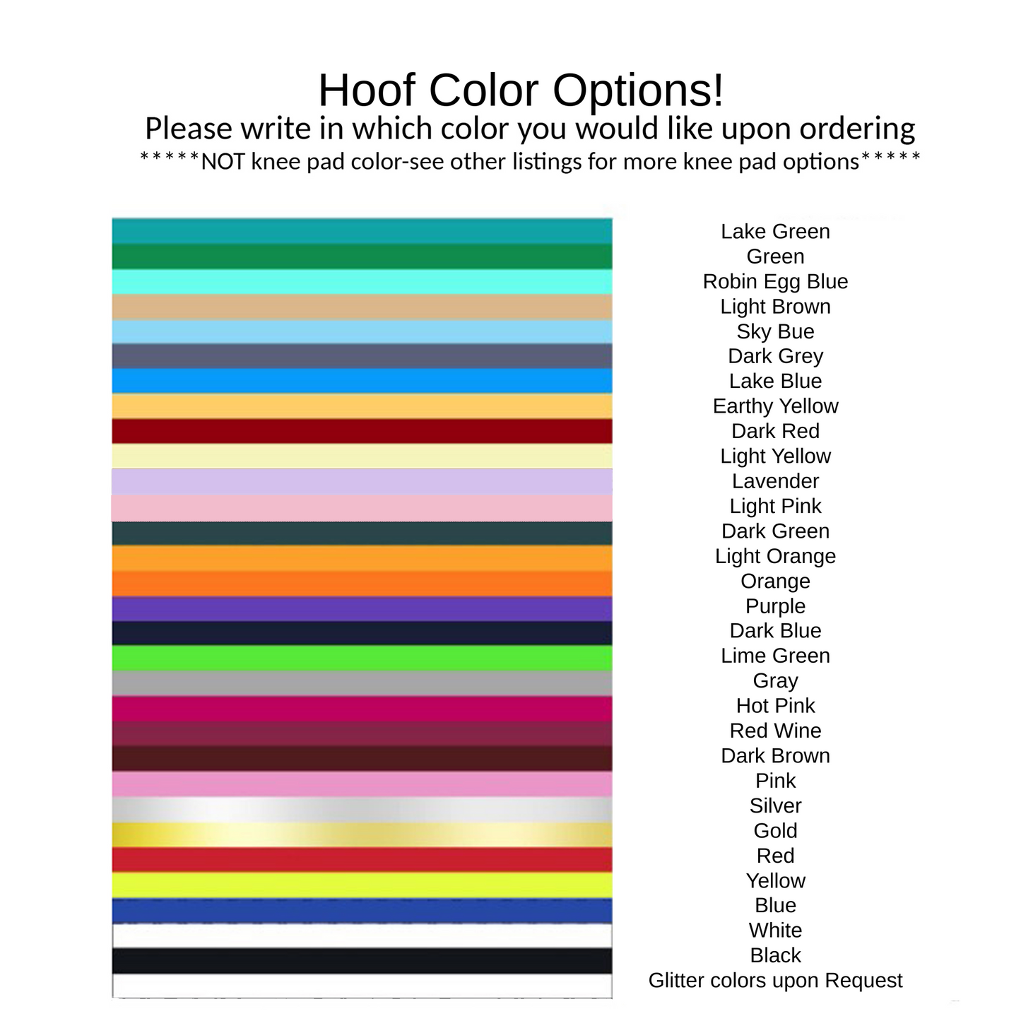 A color chart titled "Hoof Color Options" displaying a wide variety of horizontal color swatches with corresponding color names listed on the right, including shades like Robin Egg Blue, Hot Pink, and Earthy Yellow.