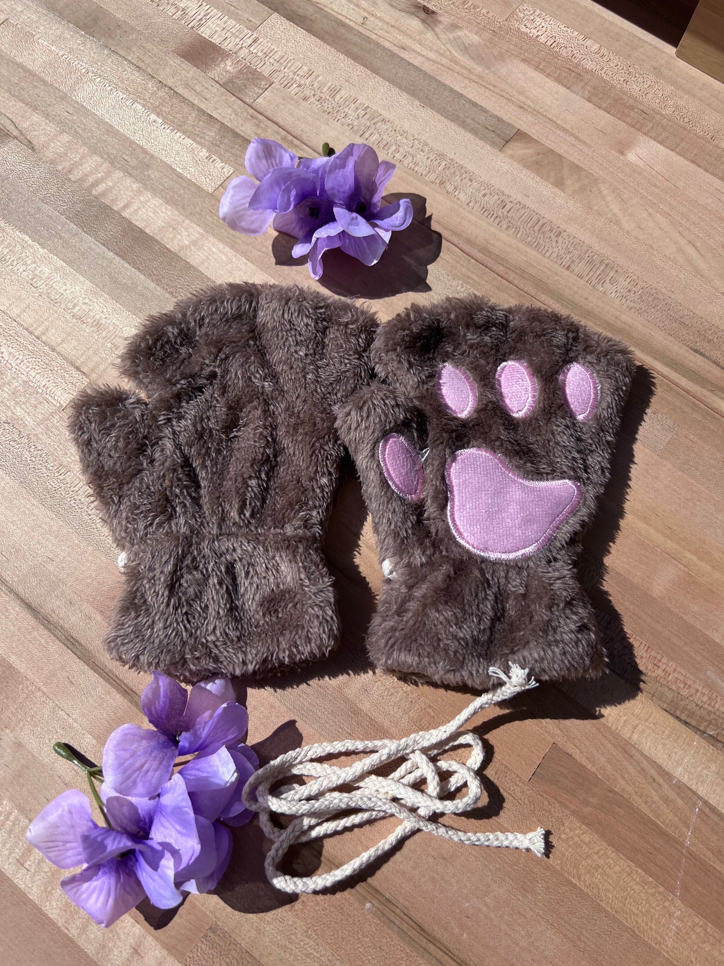 Light Brown Pet Play Fingerless Gloves, Animal Paws, Cosplay Paws