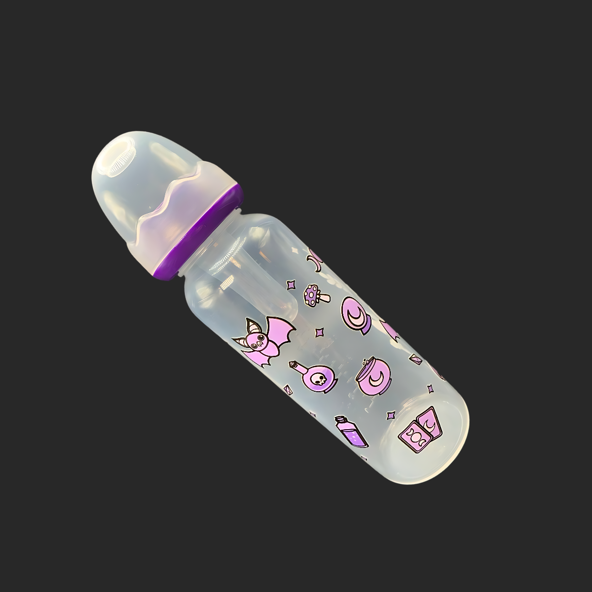 An 8oz adult baby bottle with a purple witch theme, featuring magical designs like bats, tarot cards, potions, stars, and moons wrapping around the bottle for a whimsical and enchanting look.