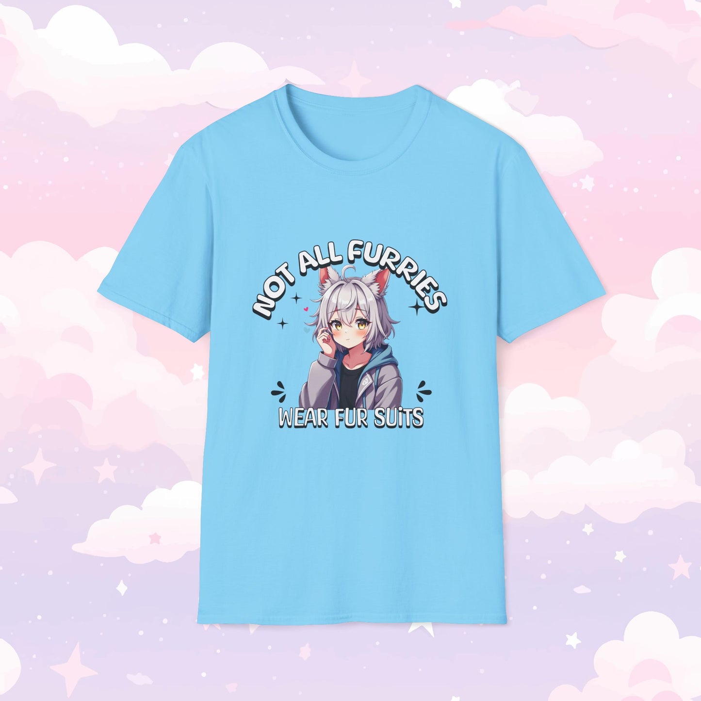 T-shirt featuring the phrase 'Not All Furries Wear Fursuits' with a blushing character wearing furry ears, embracing furry culture with a cute and playful design.
