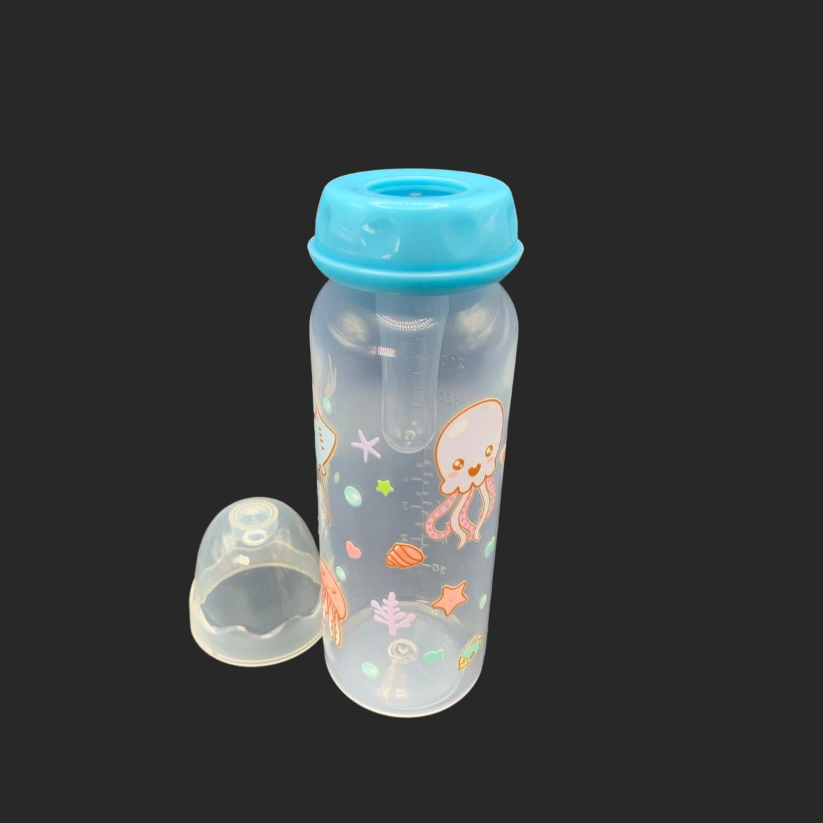 adult baby bottle with ocean themed characters such as a stingray, octopus and jellyfish