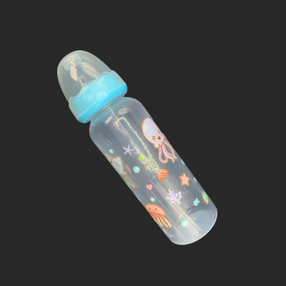 adult baby bottle with ocean themed characters such as a stingray, octopus and jellyfish