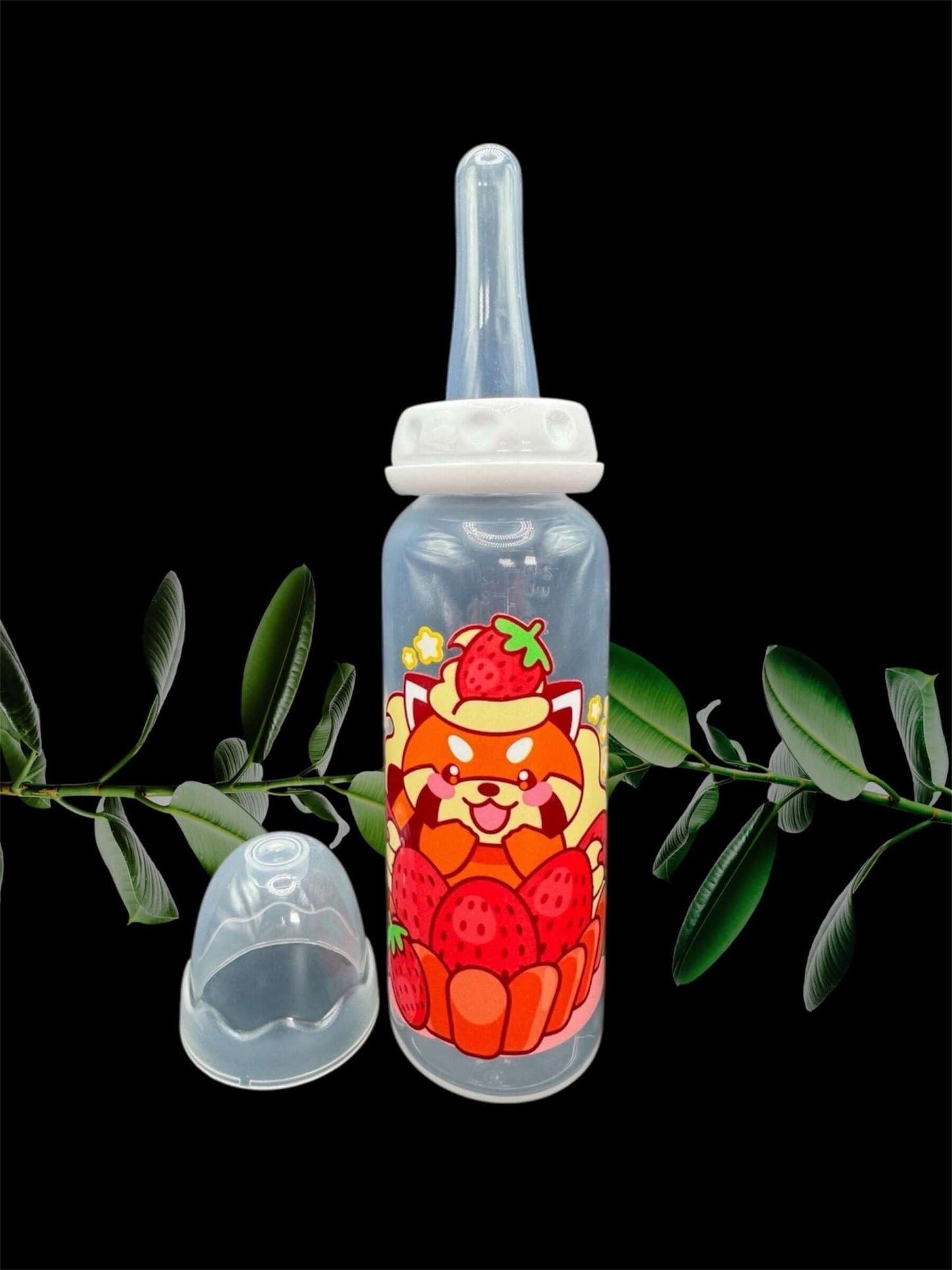 Adult baby bottle featuring a red panda sitting in a strawberry shortcake with a strawberry on its head, creating an adorable and whimsical design.
