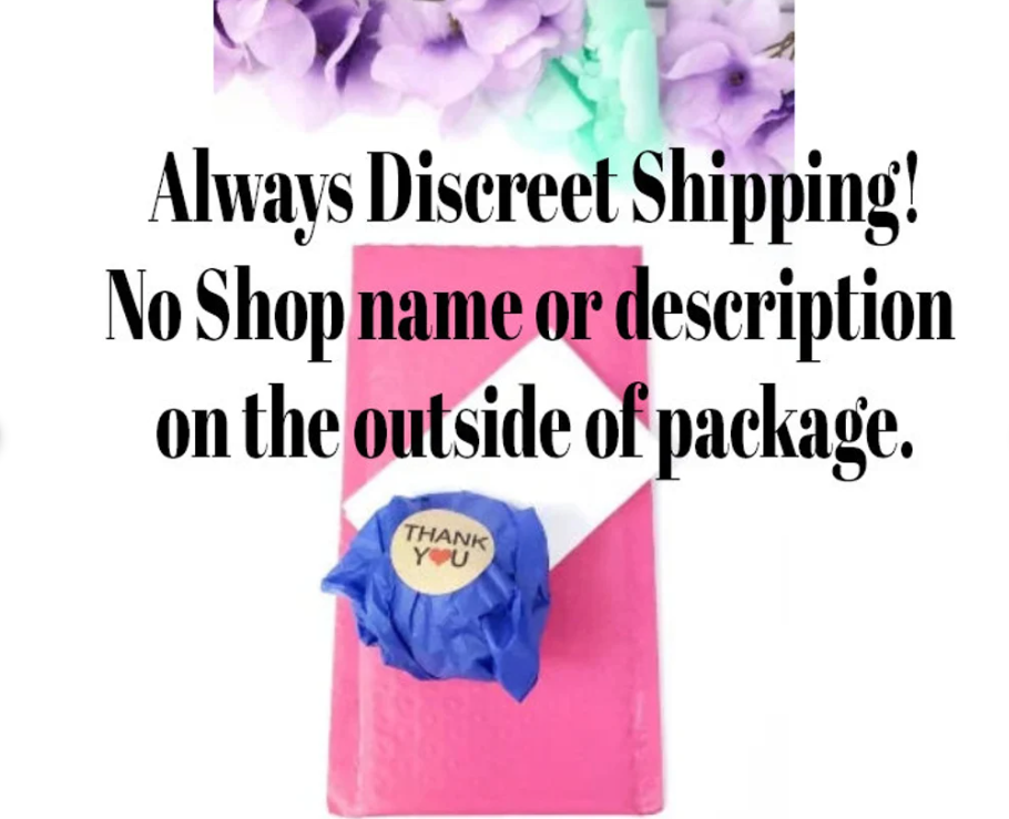 Discreet shipping package with no shop name, featuring a thank you tag and colorful wrapping.