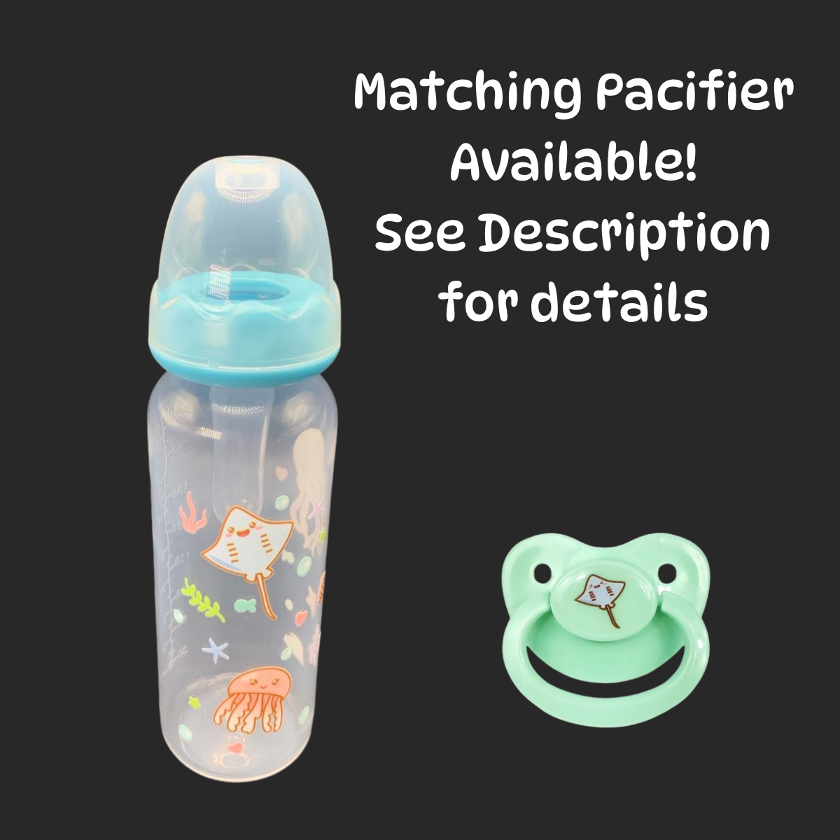 adult baby bottle with ocean themed characters such as a stingray, octopus and jellyfish with a matching stingray adult pacifier