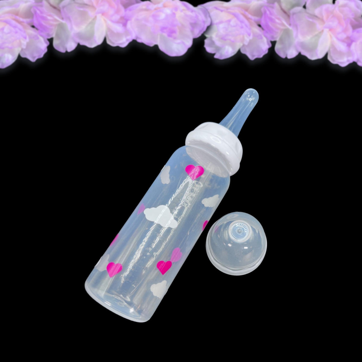 ABDL adult bottle 8oz with white clouds and pink hearts around the entire bottle.