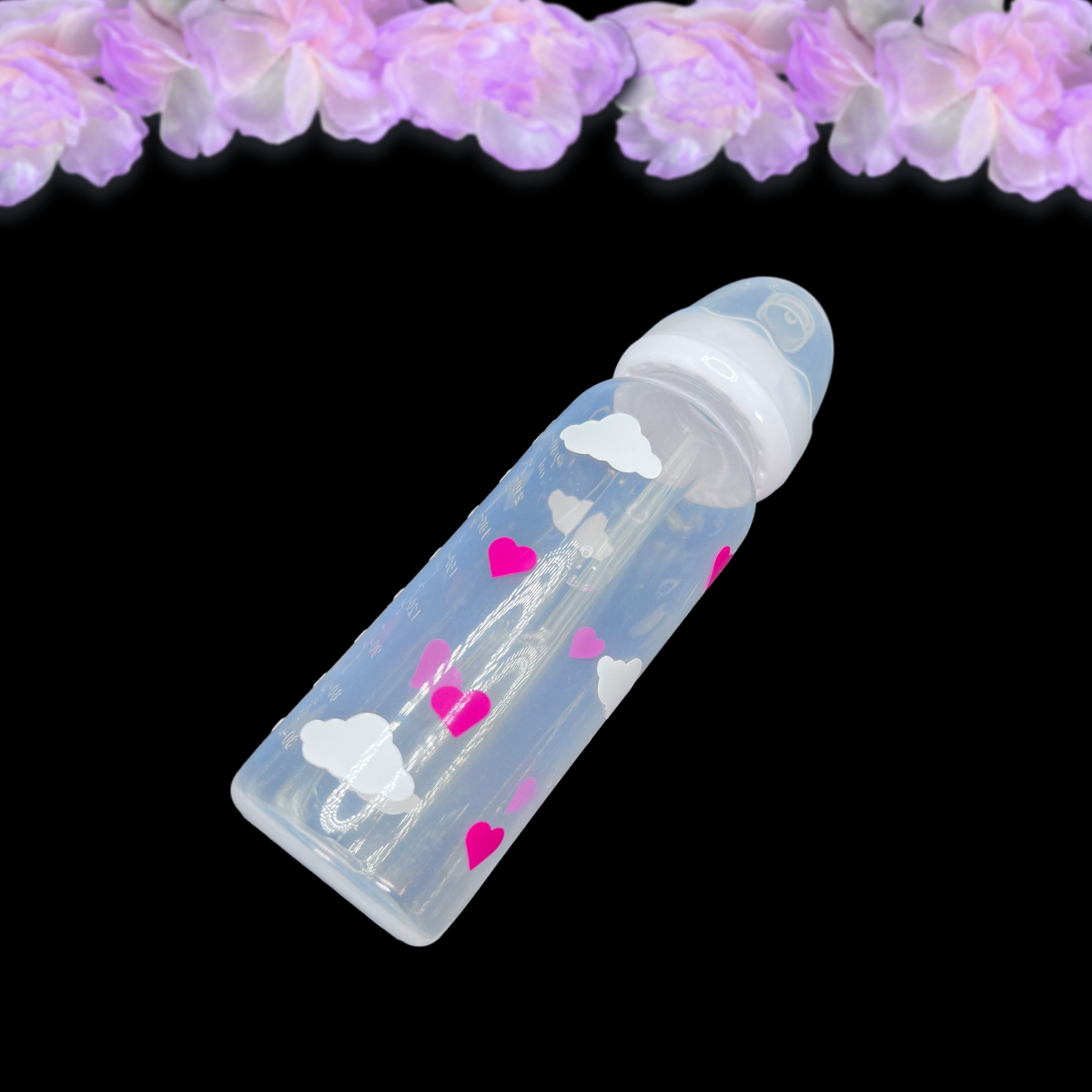 adult baby bottle 8oz with white clouds and pink hearts around the entire bottle.