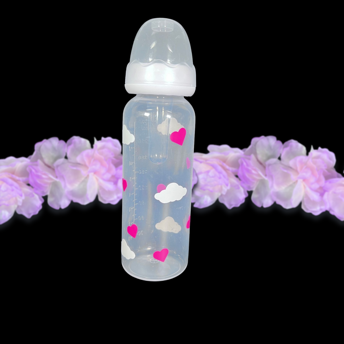 adult baby bottle 8oz with white clouds and pink hearts around the entire bottle.