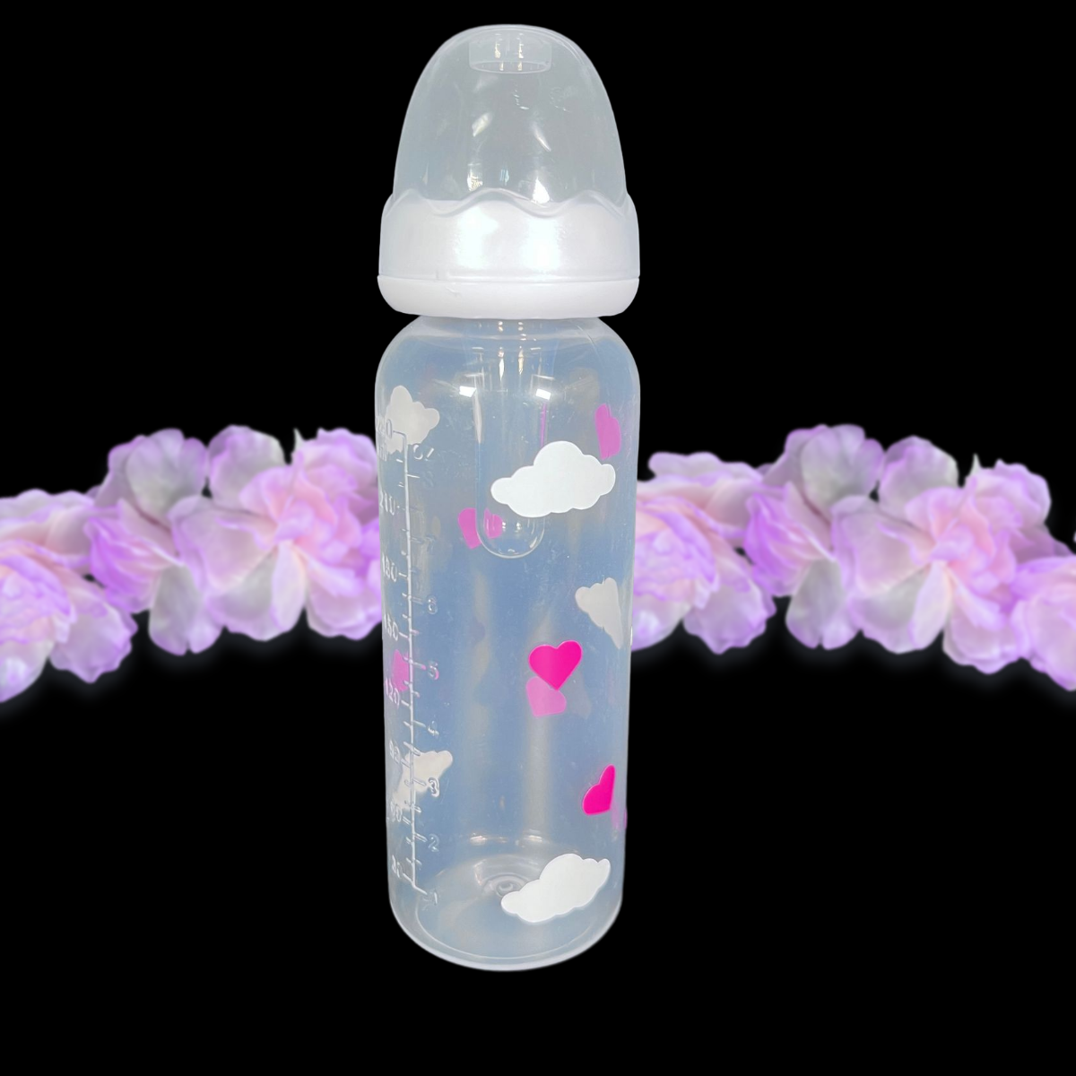 adult baby bottle 8oz with white clouds and pink hearts around the entire bottle.