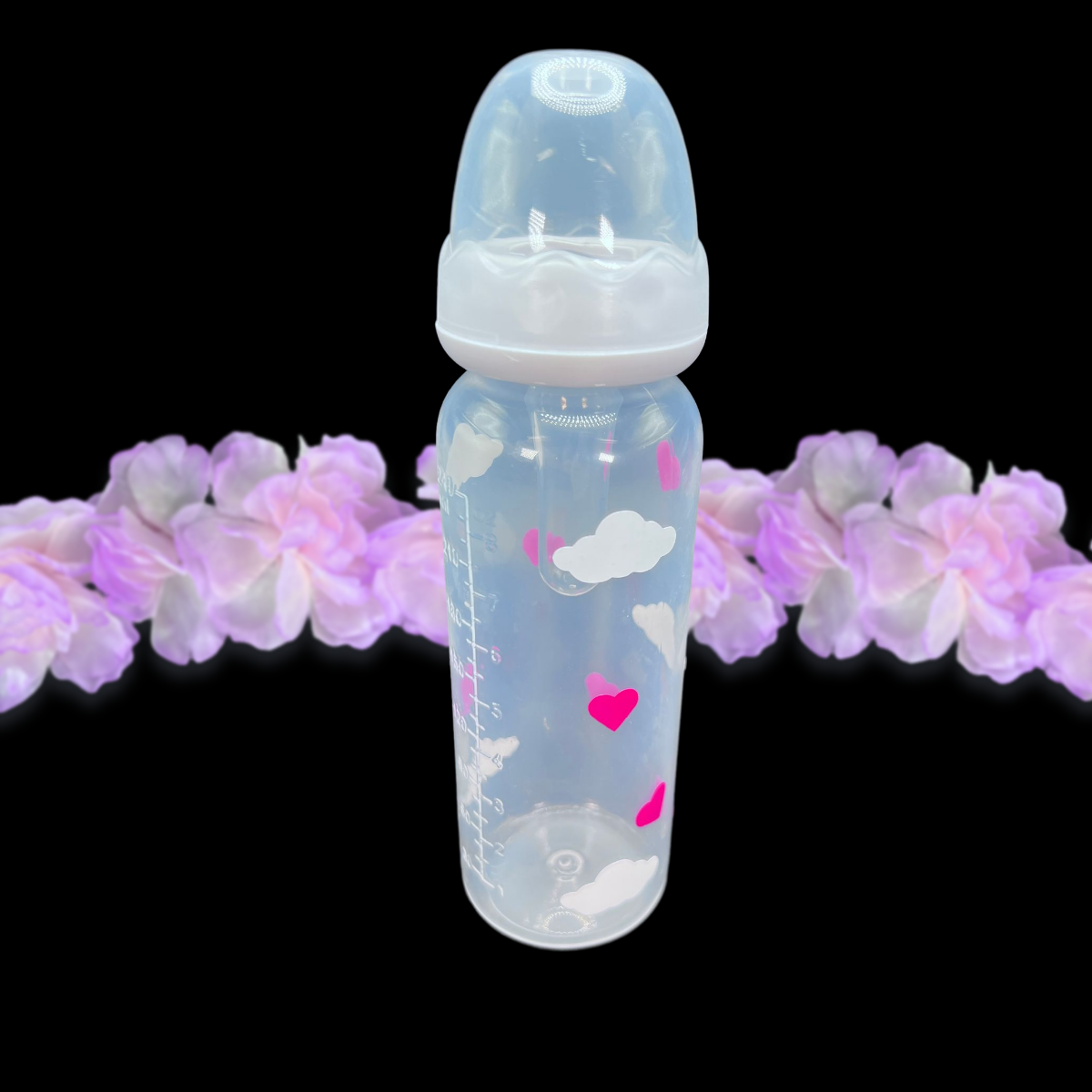 adult baby bottle 8oz with white clouds and pink hearts around the entire bottle.